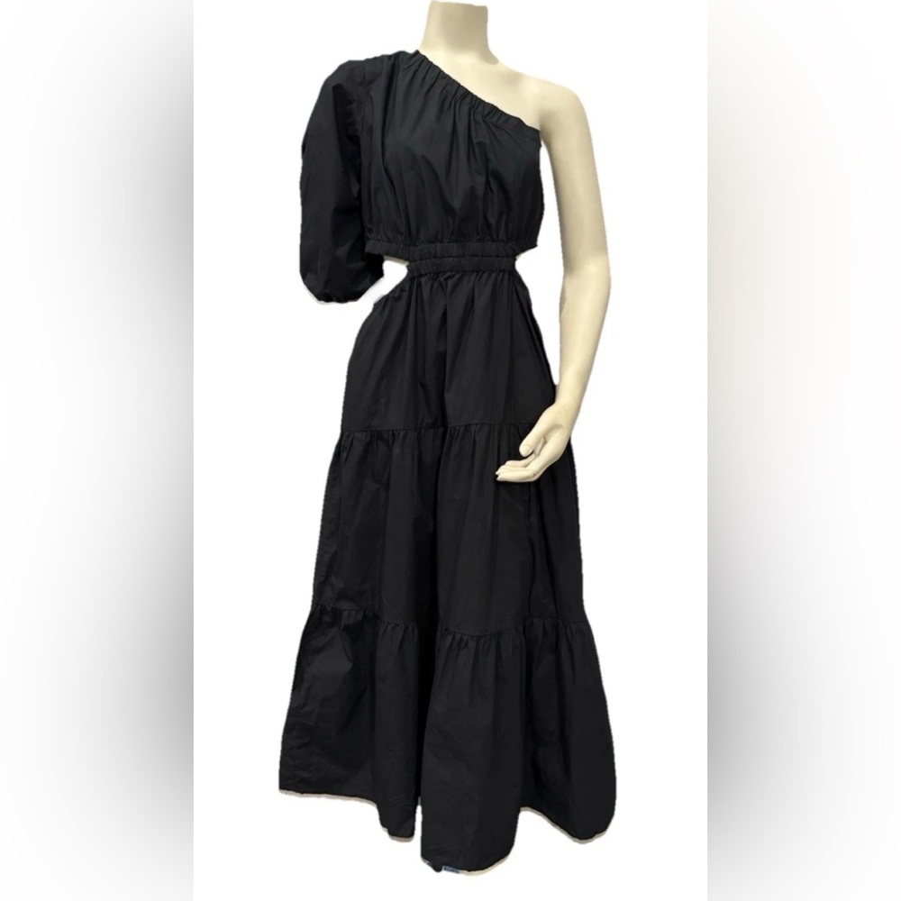 The Drop One-Shoulder Maxi Dress Women’s Size M Black Puff Sleeve
